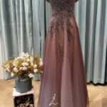 古銅碎鑽交叉一字領澎裙媽媽禮服