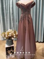 古銅碎鑽交叉一字領澎裙媽媽禮服