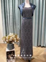 深灰花瓣緞面小外套高腰媽媽禮服