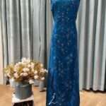 湛藍布花蕾絲細珠媽媽禮服