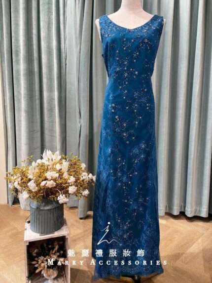 湛藍布花蕾絲細珠媽媽禮服