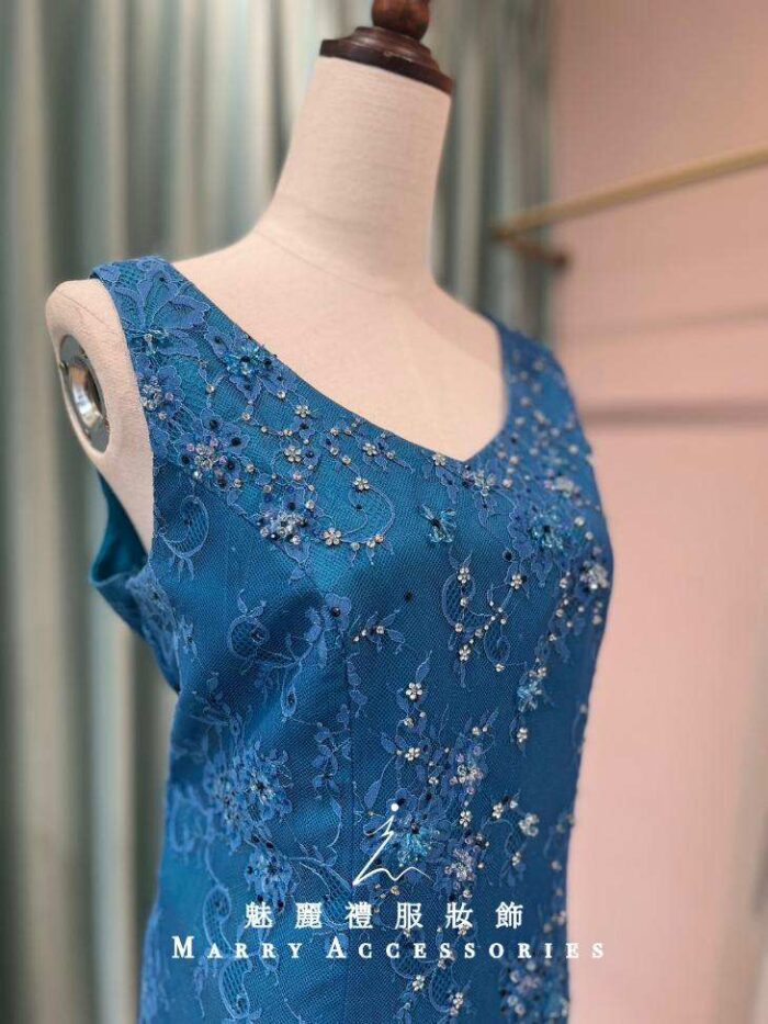湛藍布花蕾絲細珠媽媽禮服 湛藍布花蕾絲細珠媽媽禮服