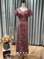 紅紫立體葉片V領交叉媽媽禮服