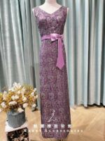 紫羅蘭印花蝴蝶緞帶媽媽禮服