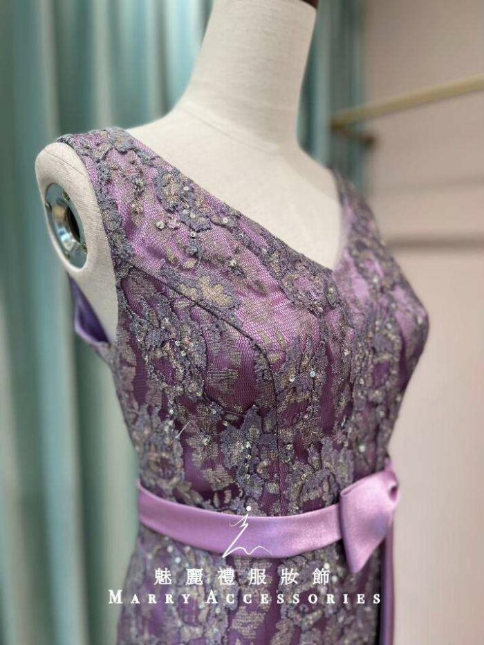 紫羅蘭印花蝴蝶緞帶媽媽禮服