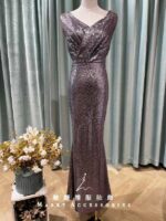 藕紫滿版亮片抓皺魚尾媽媽禮服