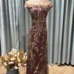 蘭花紫刺繡花紋透膚領媽媽禮服