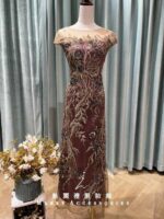 蘭花紫刺繡花紋透膚領媽媽禮服