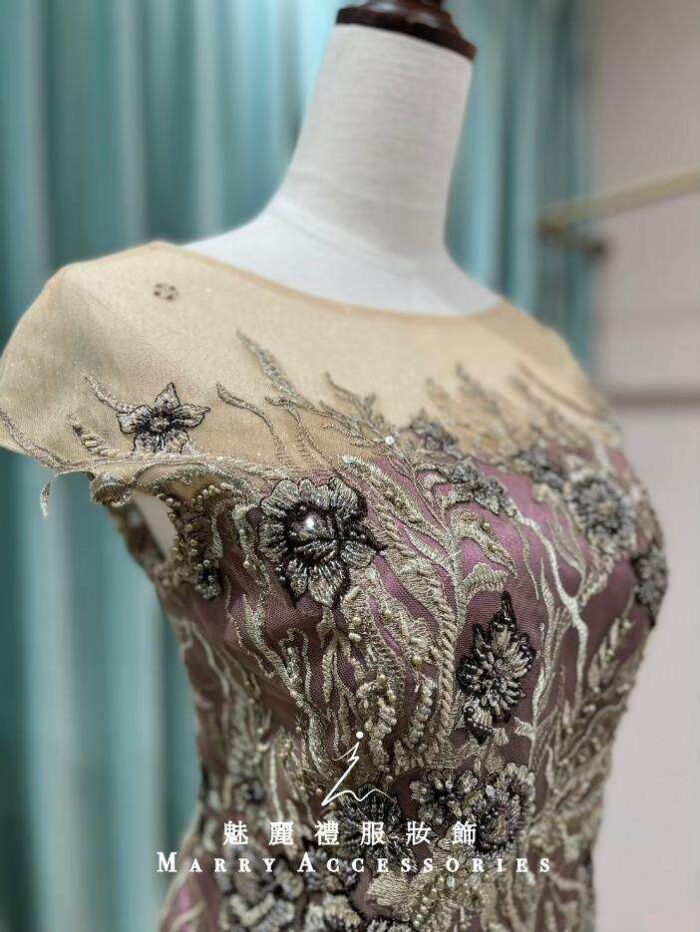蘭花紫刺繡花紋透膚領媽媽禮服