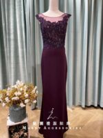 葡萄紫浮雕織花絨面裙媽媽禮服