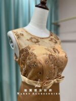 金棕絲綢緞面蝴蝶結收腰媽媽禮服