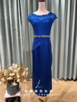 寶藍絲線斜邊鑲鑽收腰媽媽禮服