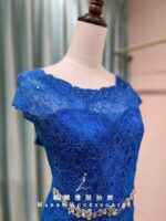 寶藍絲線斜邊鑲鑽收腰媽媽禮服