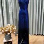 湛藍玫瑰邊桃心V領媽媽禮服