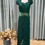 祖母綠鏤空蕾絲緞面收腰媽媽禮服