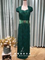 祖母綠鏤空蕾絲緞面收腰媽媽禮服