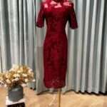 玫瑰紅立體花葉旗袍媽媽禮服