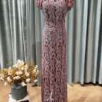 櫻花粉簍空蕾絲水藍內襯媽媽禮服