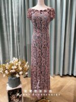 櫻花粉簍空蕾絲水藍內襯媽媽禮服