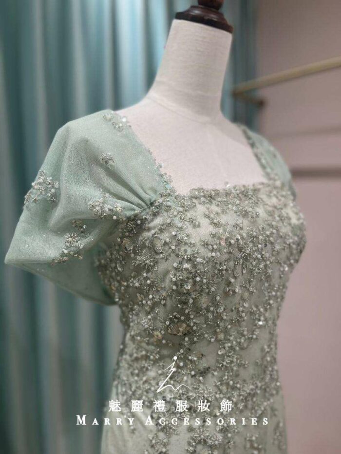 嫩綠珠鑽蕾絲包肩媽媽禮服