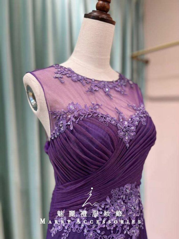 紫羅蘭絲絨抓皺宮廷花媽媽禮服