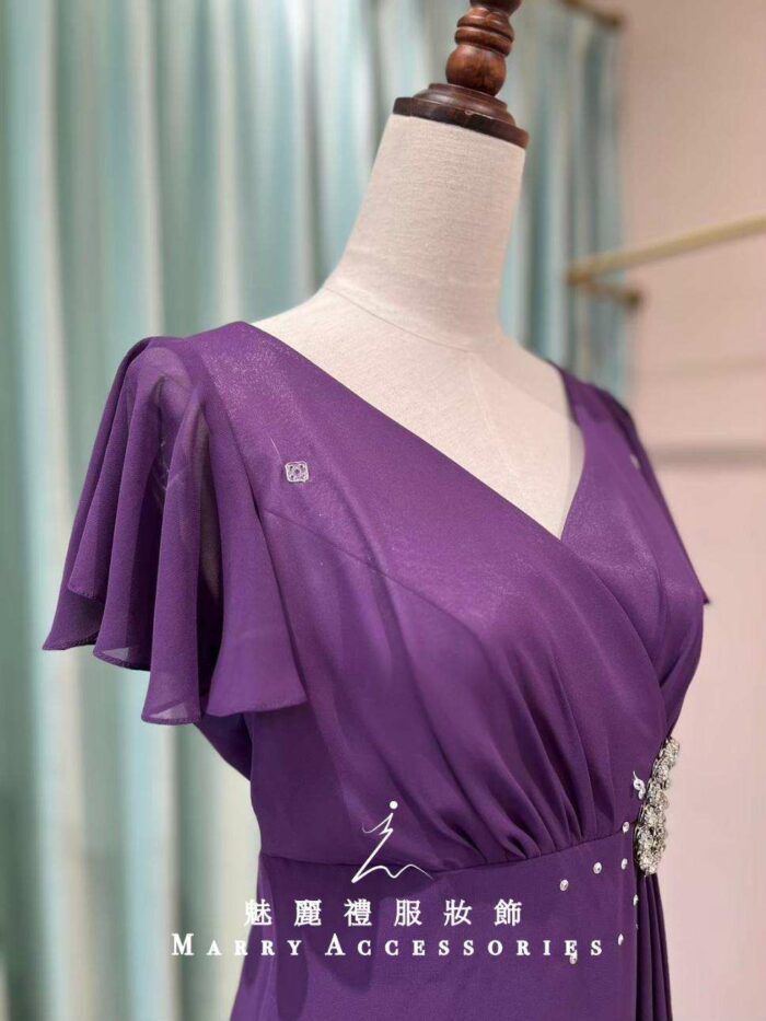 紫羅蘭交叉抓皺飄飄袖媽媽禮服