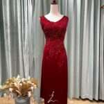 酒紅珠花絲綢緞面媽媽禮服