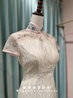 米白薰衣草蝴蝶刺繡短旗袍媽媽禮服