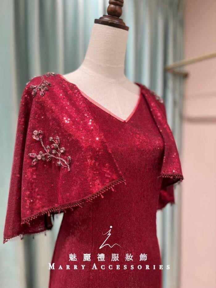 酒紅碎亮斗篷披風媽媽禮服