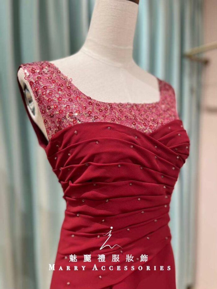 酒紅絲絨抓皺桃心領媽媽禮服