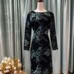 藏藍牡丹編織袖短媽媽禮服