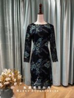 藏藍牡丹編織袖短媽媽禮服