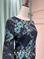 藏藍牡丹編織袖短媽媽禮服