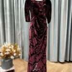 黑絨蕾絲粉花七分袖媽媽禮服