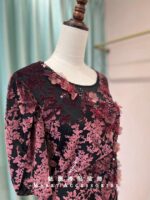 黑絨蕾絲粉花七分袖媽媽禮服