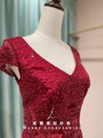 酒紅絲絨滿版亮片魚尾媽媽禮服