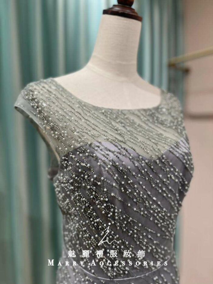 質感灰流線珠鑽紫內襯媽媽禮服