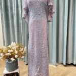 粉藍格紋刺繡細珠飄飄袖媽媽禮服