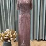 粉紫流線珠鑽水袖挖肩媽媽禮服