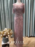 粉紫流線珠鑽水袖挖肩媽媽禮服