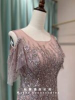 粉紫流線珠鑽水袖挖肩媽媽禮服