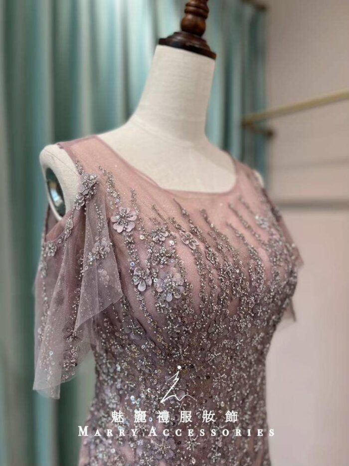 粉紫流線珠鑽水袖挖肩媽媽禮服