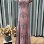 櫻花粉緹花方領包肩袖媽媽禮服