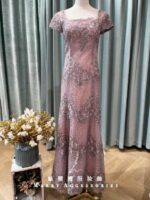 櫻花粉緹花方領包肩袖媽媽禮服