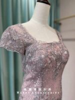 櫻花粉緹花方領包肩袖媽媽禮服