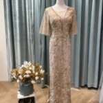 香檳金花葉管珠水袖媽媽禮服