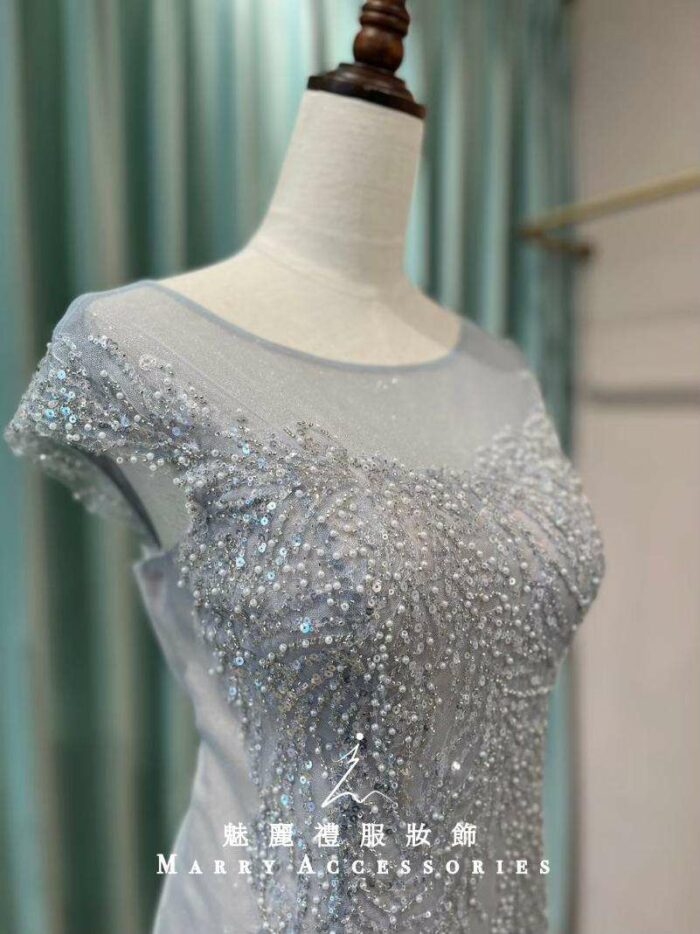 水藍滿鑽珍珠魚尾媽媽禮服