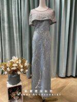 藍灰銀蔥管珠斗篷媽媽禮服