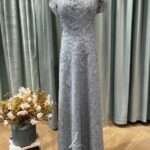 水藍桃心領刺繡卡肩媽媽禮服