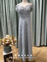 水藍桃心領刺繡卡肩媽媽禮服